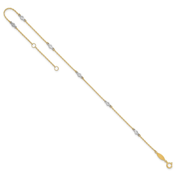 14KT White and Yellow Gold 9+1-inch Adjustable Extender Anklet with Cubic Zirconia