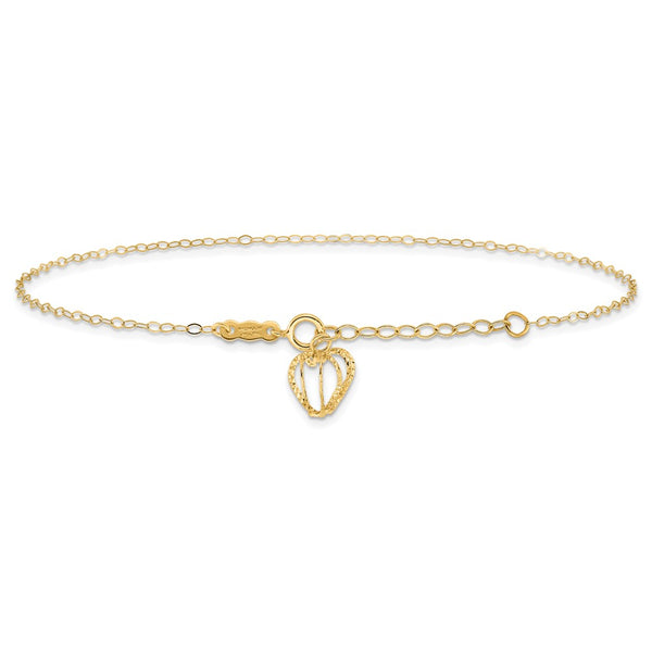 14KT Yellow Gold 9+1-inch Adjustable Extender Heart Anklet