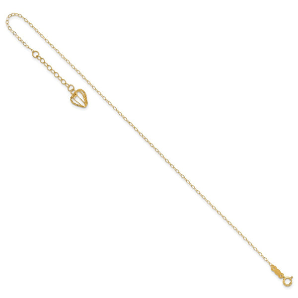 14KT Yellow Gold 9+1-inch Adjustable Extender Heart Anklet