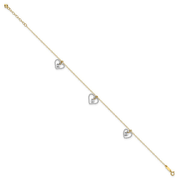 14K Two-tone Twisted & Diamond Cut Hearts 9in Plus 1in Ext Anklet