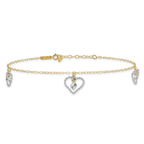 14K Two-tone Twisted & Diamond Cut Hearts 9in Plus 1in Ext Anklet