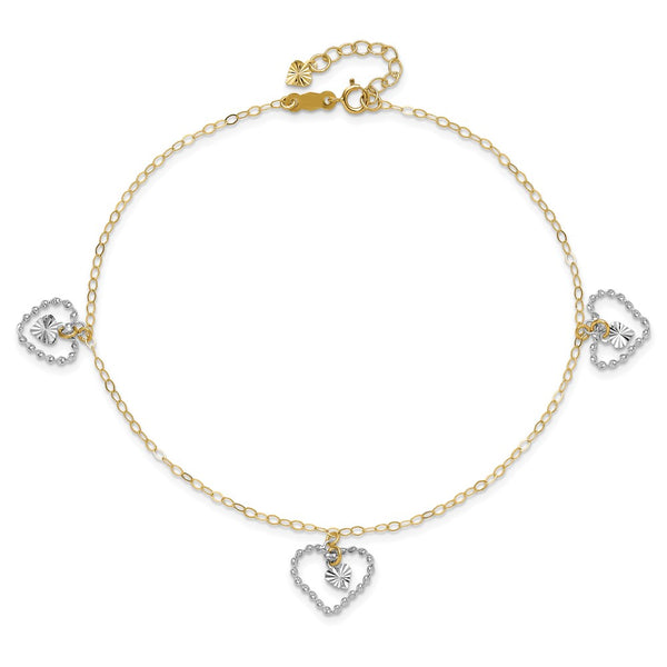 14K Two-tone Twisted & Diamond Cut Hearts 9in Plus 1in Ext Anklet