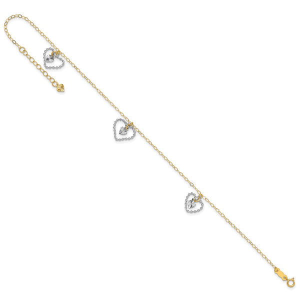 14K Two-tone Twisted & Diamond Cut Hearts 9in Plus 1in Ext Anklet