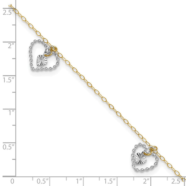 14K Two-tone Twisted & Diamond Cut Hearts 9in Plus 1in Ext Anklet