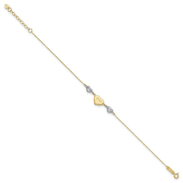 14KT White and Yellow Gold 7-inch Diamond-cut Heart Bracelet