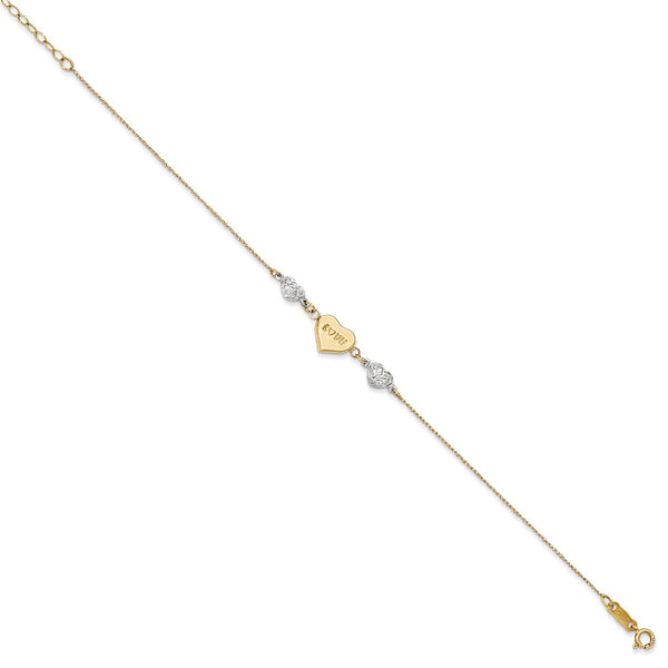 14KT White and Yellow Gold 7-inch Diamond-cut Heart Bracelet