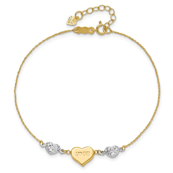 14KT White and Yellow Gold 7-inch Diamond-cut Heart Bracelet