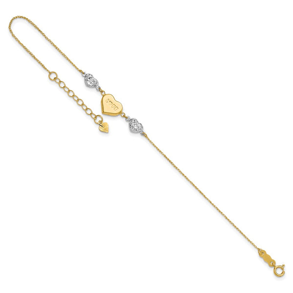 14KT White and Yellow Gold 7-inch Diamond-cut Heart Bracelet