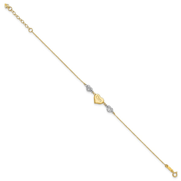 14KT White and Yellow Gold 7-inch Diamond-cut Mom Heart Bracelet