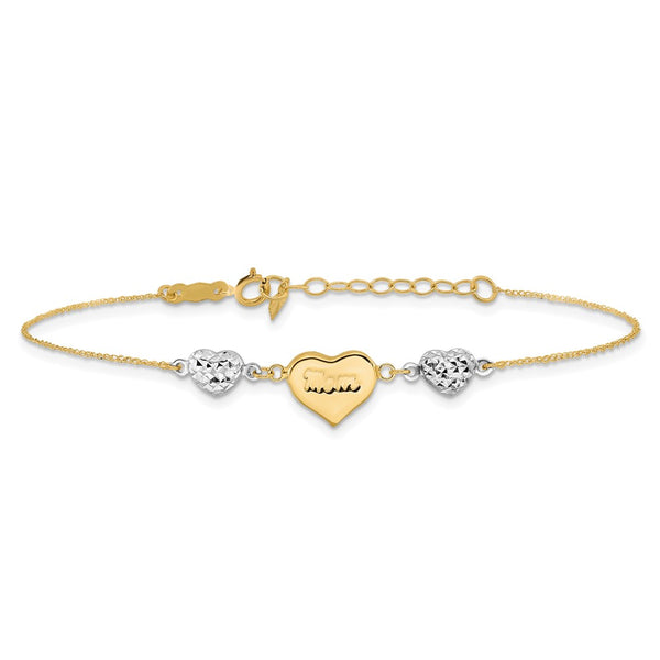 14KT White and Yellow Gold 7-inch Diamond-cut Mom Heart Bracelet