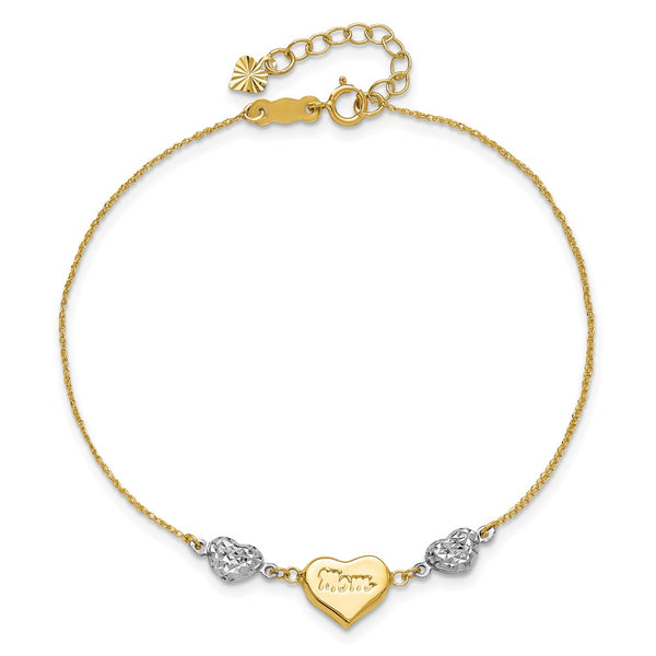 14KT White and Yellow Gold 7-inch Diamond-cut Mom Heart Bracelet