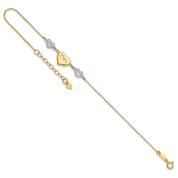 14KT White and Yellow Gold 7-inch Diamond-cut Mom Heart Bracelet