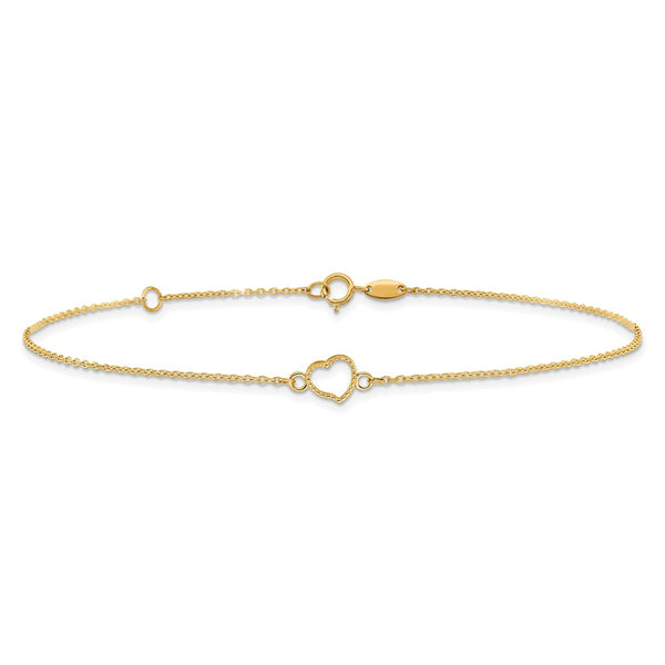 14K Gold Textured and Polished Heart 9in Plus 1in ext. Anklet