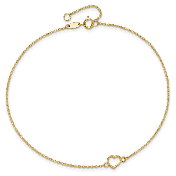 14K Gold Textured and Polished Heart 9in Plus 1in ext. Anklet