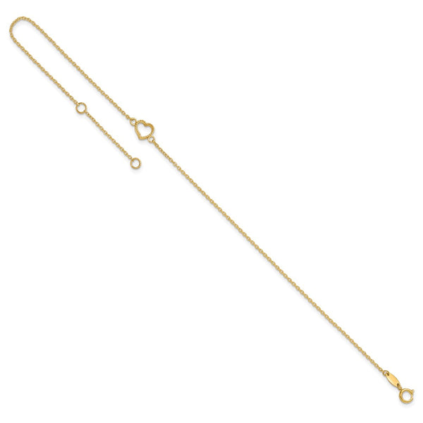 14K Gold Textured and Polished Heart 9in Plus 1in ext. Anklet