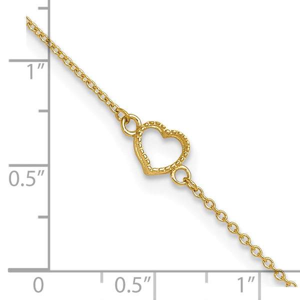 14K Gold Textured and Polished Heart 9in Plus 1in ext. Anklet