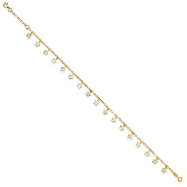 14k Gold Polished & Textured Star 9in Plus 1in ext. Anklet