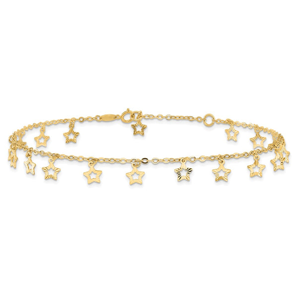 14k Gold Polished & Textured Star 9in Plus 1in ext. Anklet