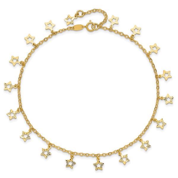 14k Gold Polished & Textured Star 9in Plus 1in ext. Anklet