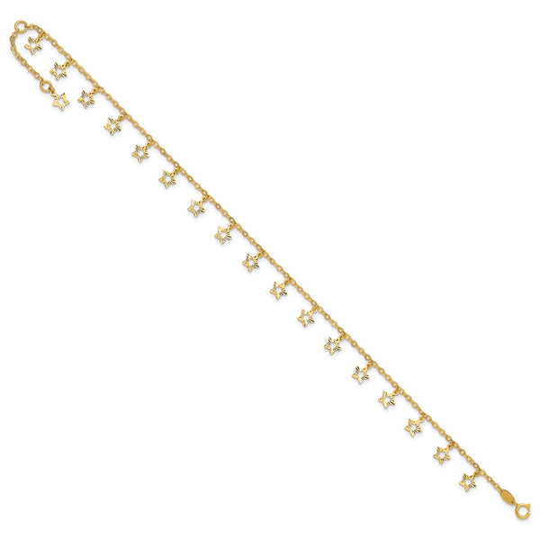 14k Gold Polished & Textured Star 9in Plus 1in ext. Anklet