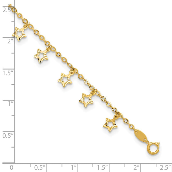 14k Gold Polished & Textured Star 9in Plus 1in ext. Anklet