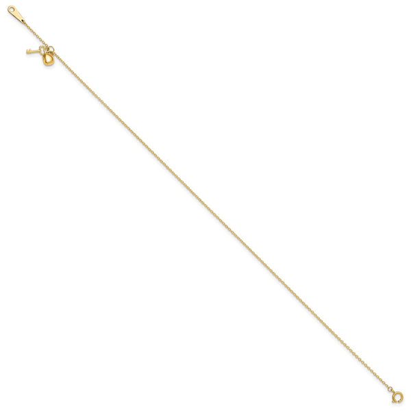 14k Gold Heart and Key 9in Plus 1in ext. Anklet