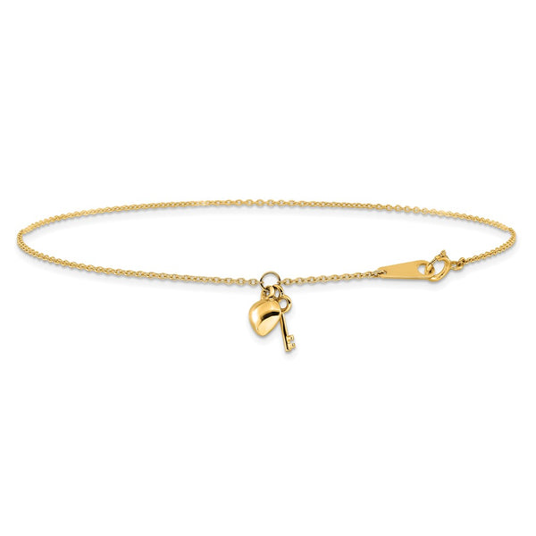 14k Gold Heart and Key 9in Plus 1in ext. Anklet