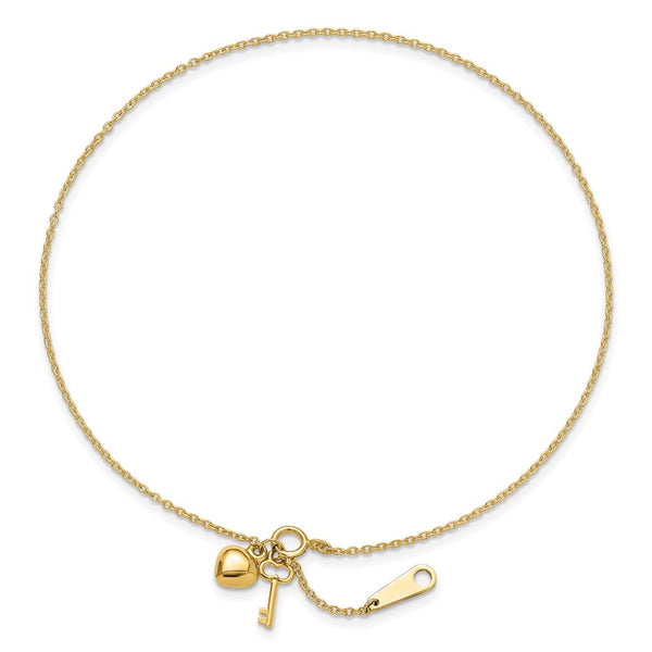 14k Gold Heart and Key 9in Plus 1in ext. Anklet