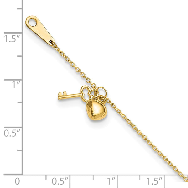 14k Gold Heart and Key 9in Plus 1in ext. Anklet