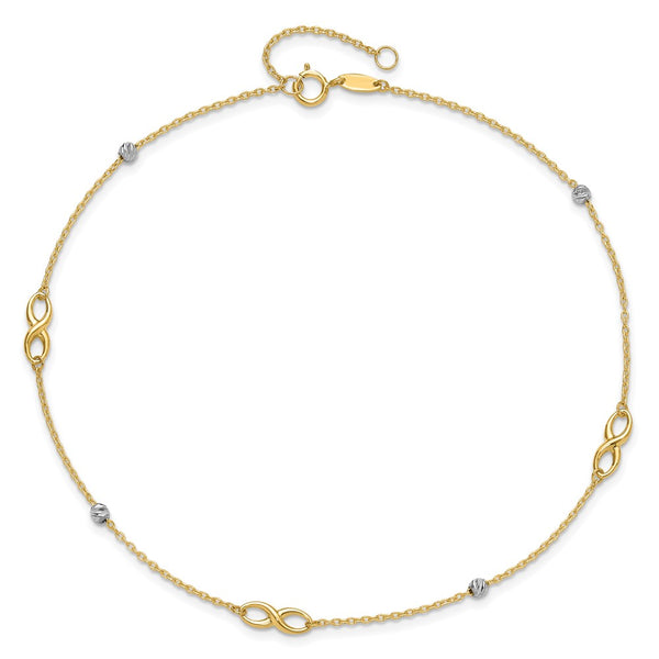 14K Two-Tone D/C Beads & Infinity 10in Plus 1in ext. Anklet