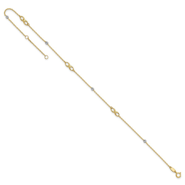 14K Two-Tone D/C Beads & Infinity 10in Plus 1in ext. Anklet