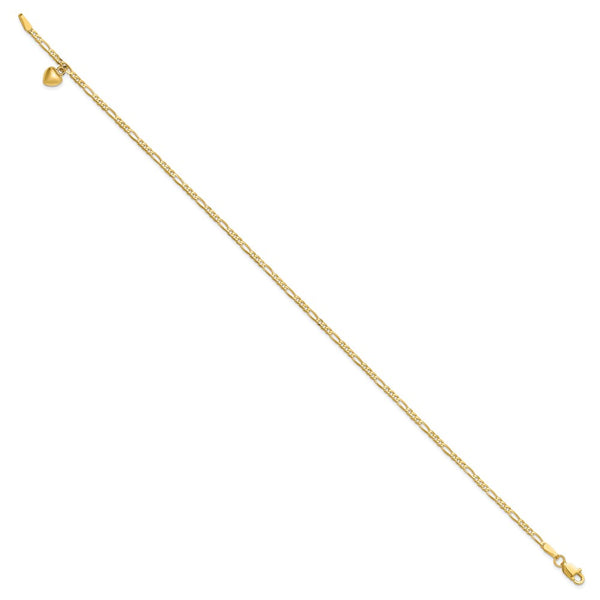 14KT Yellow Gold 9-inch 2MM Figaro Heart Anklet