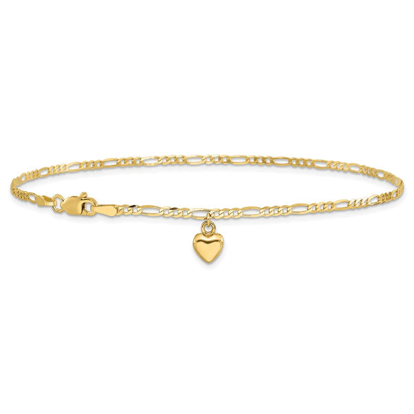 14KT Yellow Gold 9-inch 2MM Figaro Heart Anklet