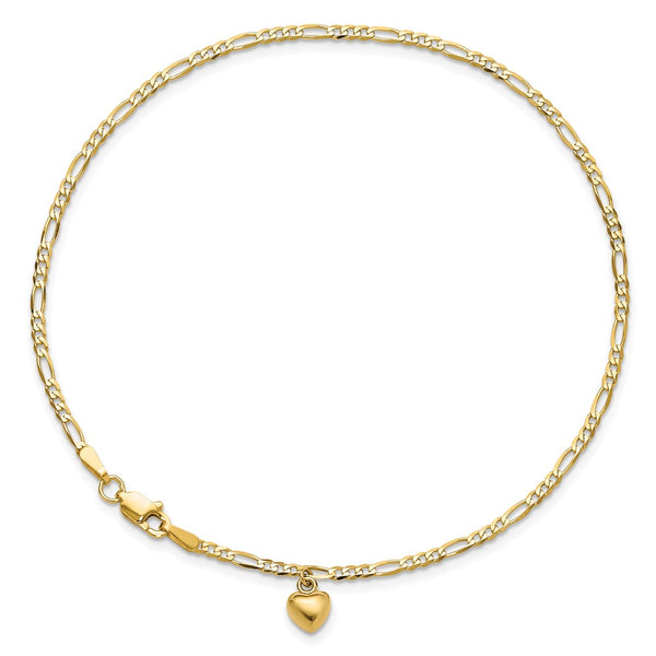 14KT Yellow Gold 9-inch 2MM Figaro Heart Anklet