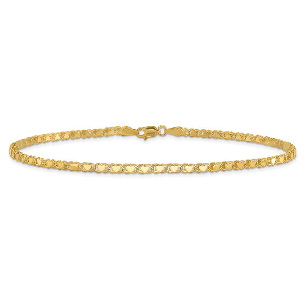 14KT Yellow Gold 10-inch 3MM Lobster Clasp Heart Anklet