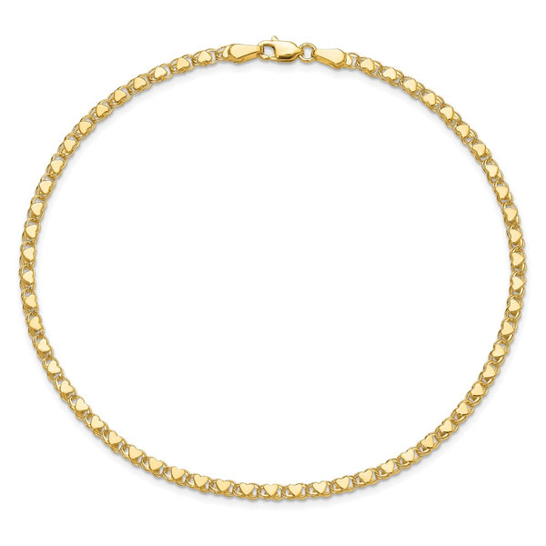 14KT Yellow Gold 10-inch 3MM Lobster Clasp Heart Anklet