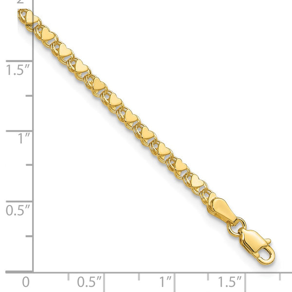 14KT Yellow Gold 10-inch 3MM Lobster Clasp Heart Anklet