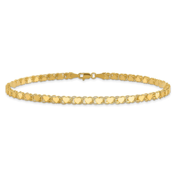 14KT Yellow Gold 10-inch Lobster Clasp Heart Anklet