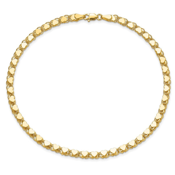 14KT Yellow Gold 10-inch Lobster Clasp Heart Anklet