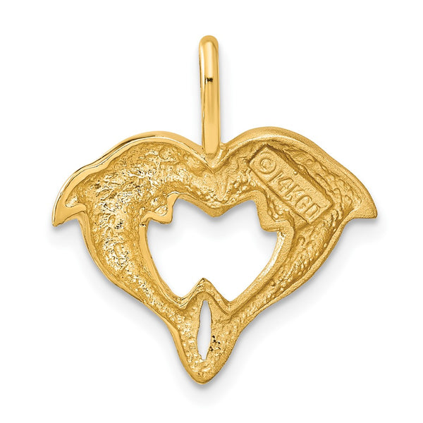 14KT Yellow Gold 23X20MM Dolphin Heart Pendant. Chain Not Included