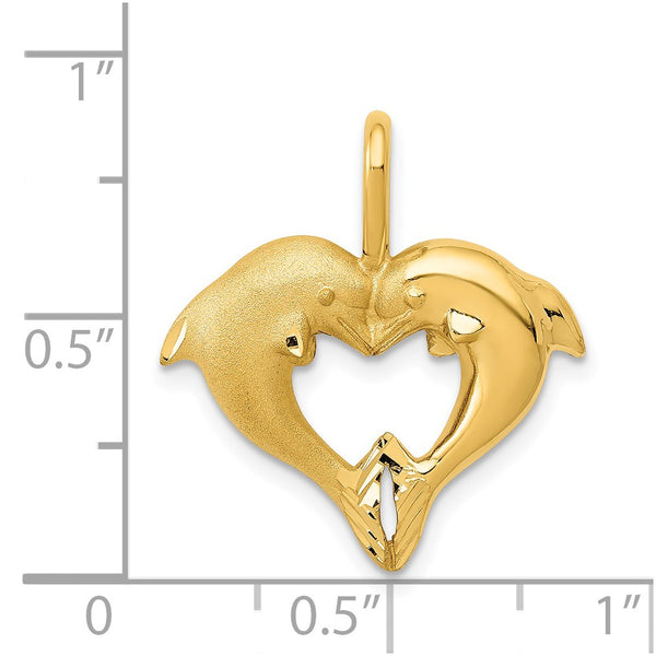 14KT Yellow Gold 23X20MM Dolphin Heart Pendant. Chain Not Included