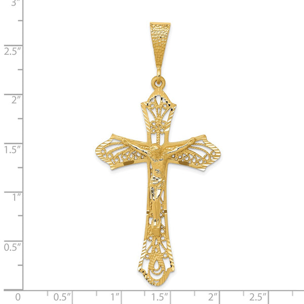 14KT Yellow Gold 67X31MM Diamond-cut Crucifix Cross Pendant. Chain Not Included