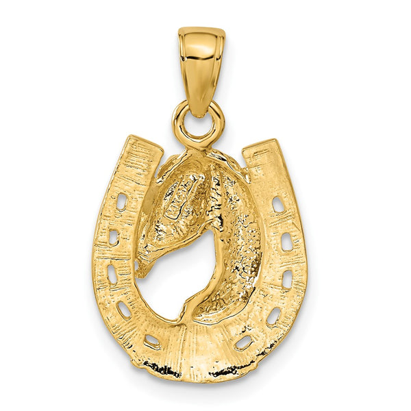 14KT Yellow Gold 20X10MM Horse Head in Horseshoe Pendant. Chain Not Included