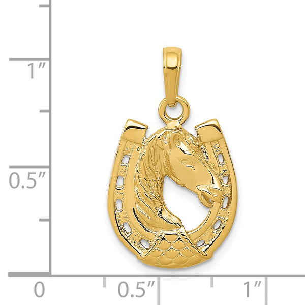 14KT Yellow Gold 20X10MM Horse Head in Horseshoe Pendant. Chain Not Included