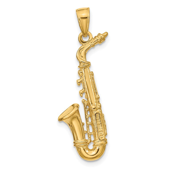 14KT Yellow Gold 35X10MM Three Dimensional Saxaphone Pendant. Chain Not Included