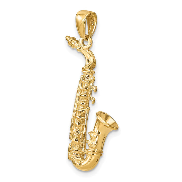 14KT Yellow Gold 35X10MM Three Dimensional Saxaphone Pendant. Chain Not Included