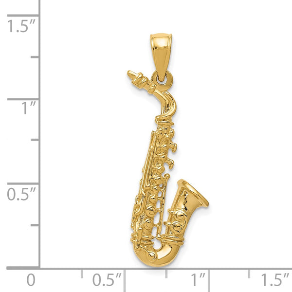 14KT Yellow Gold 35X10MM Three Dimensional Saxaphone Pendant. Chain Not Included