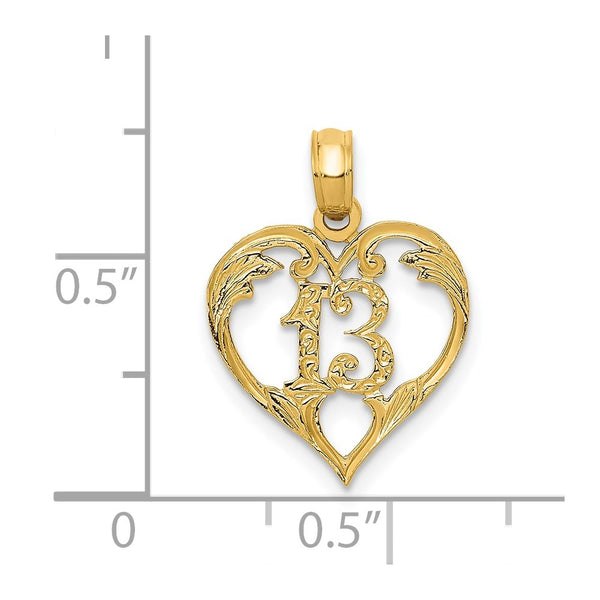 14KT Yellow Gold 19X13MM 13 in Heart Pendant. Chain Not Included