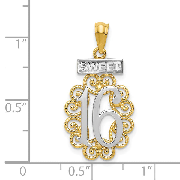 14KT Yellow Gold with Rhodium Plating 27X13MM Sweet 16 Charm. Chain not Included