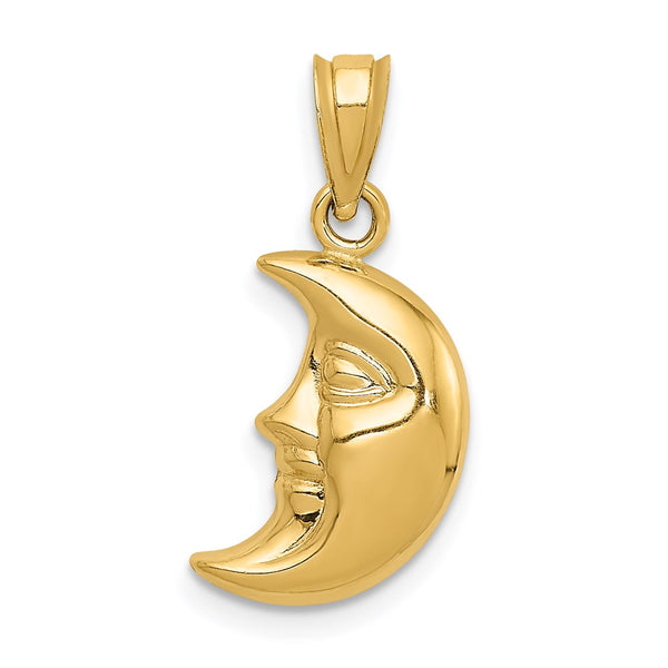 14KT Yellow Gold 21X10MM Three Dimensional Moon Pendant. Chain Not Included